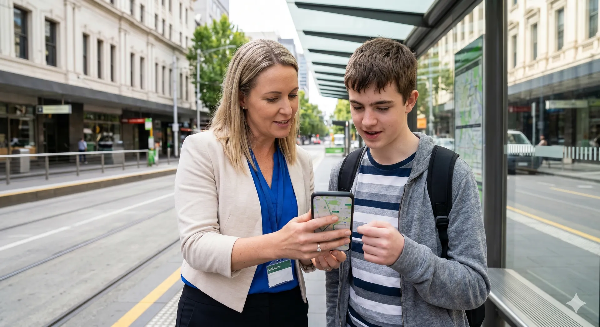 Support worker helping young person navigate public transport in Melbourne